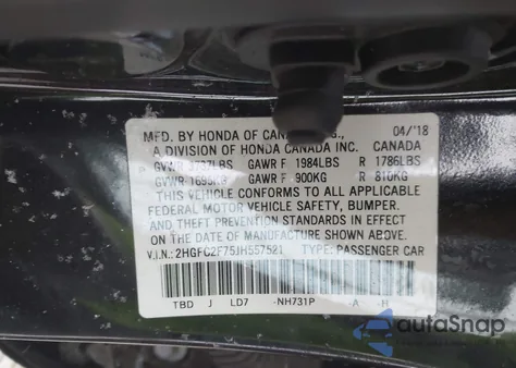 2018 Honda Civic Ex from USA, damaged, VIN 2HGFC2F75JH557521